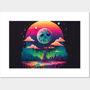 Rainy Night. Sad Full Moon. - Psychedelic Landscape - Paint Dripping 3D Illustration - Colorful Haunted Nature Scene Posters and Art